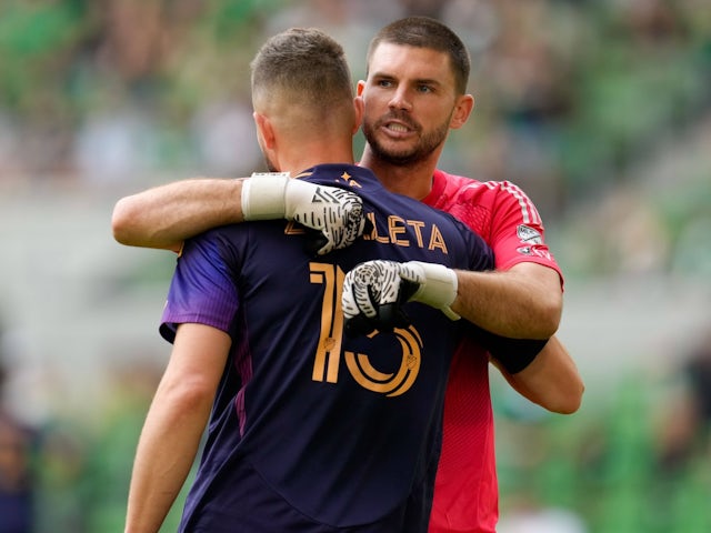 John McCarthy and Eriq Zavaleta of the Los Angeles Galaxy pictured on April 19, 2025