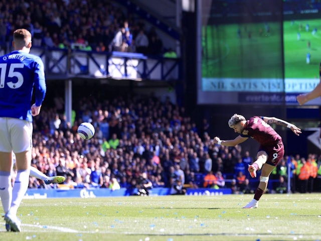 Julio Enciso of Ipswich Town scores against Everton in the Premier League, on May 5, 2025