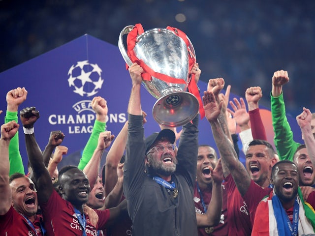 Liverpool manager Jurgen Klopp lifts the Champions League trophy on June 1, 2019