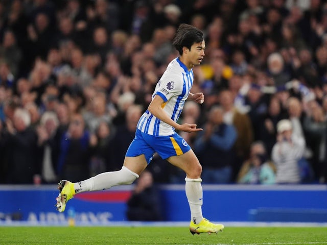 Brighton and Hove Albion's Kaoru Mitoma celebrates scoring on May 19, 2025