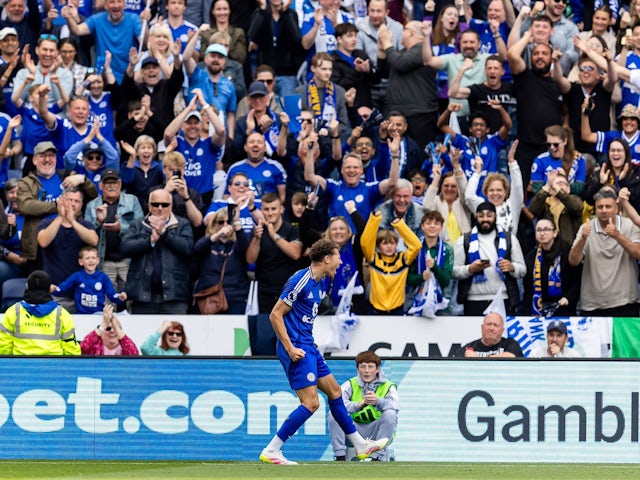 Kasey McAteer celebrates making it 2-0 to Leicester City on May 18, 2025