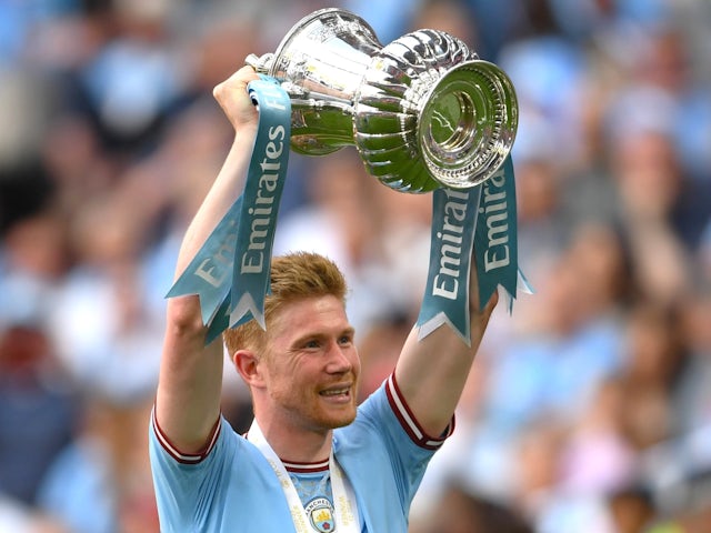 Manchester City's Kevin De Bruyne celebrates with the FA Cup on June 3, 2023