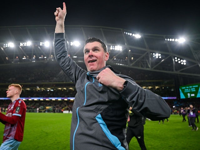 Manager of Drogheda United manager Kevin Doherty celebrates after his side's match against Derry City, on November 10, 2024