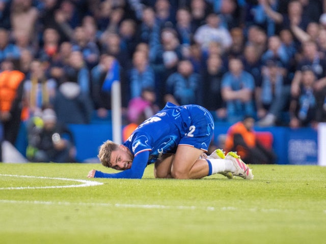 Chelsea's Kiernan Dewsbury-Hall goes down on May 8, 2025