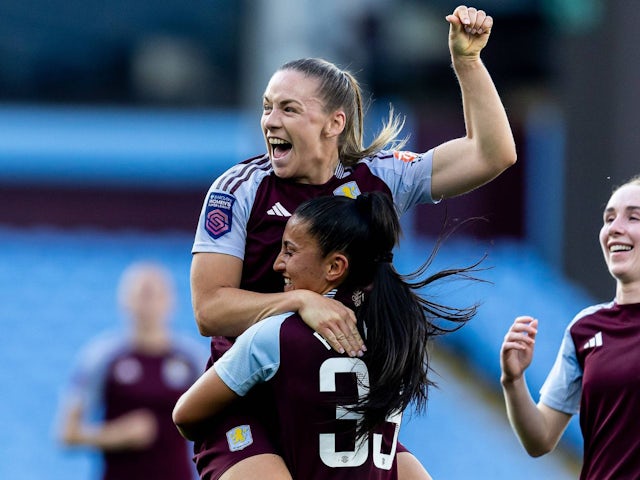 Aston Villa Women's Kirsty Hanson celebrates after scoring on April 30, 2025