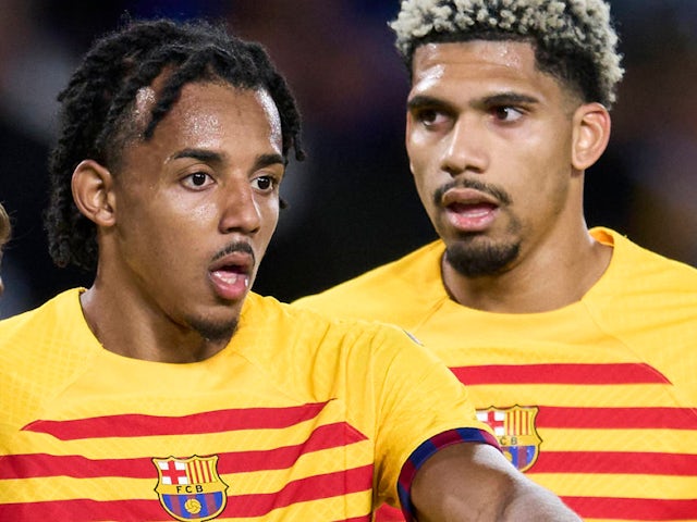 Barcelona's Jules Kounde and Ronald Araujo pictured on November 4, 2023