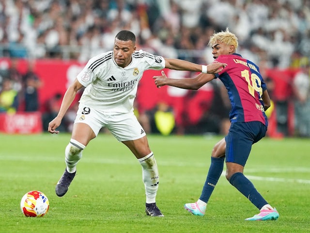 Real Madrid's Kylian Mbappe and Barcelona's Lamine Yamal in action on April 26, 2025