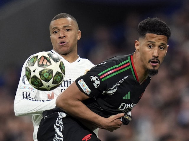 Real Madrid's Kylian Mbappe and Arsenal's William Saliba on April 16, 2025