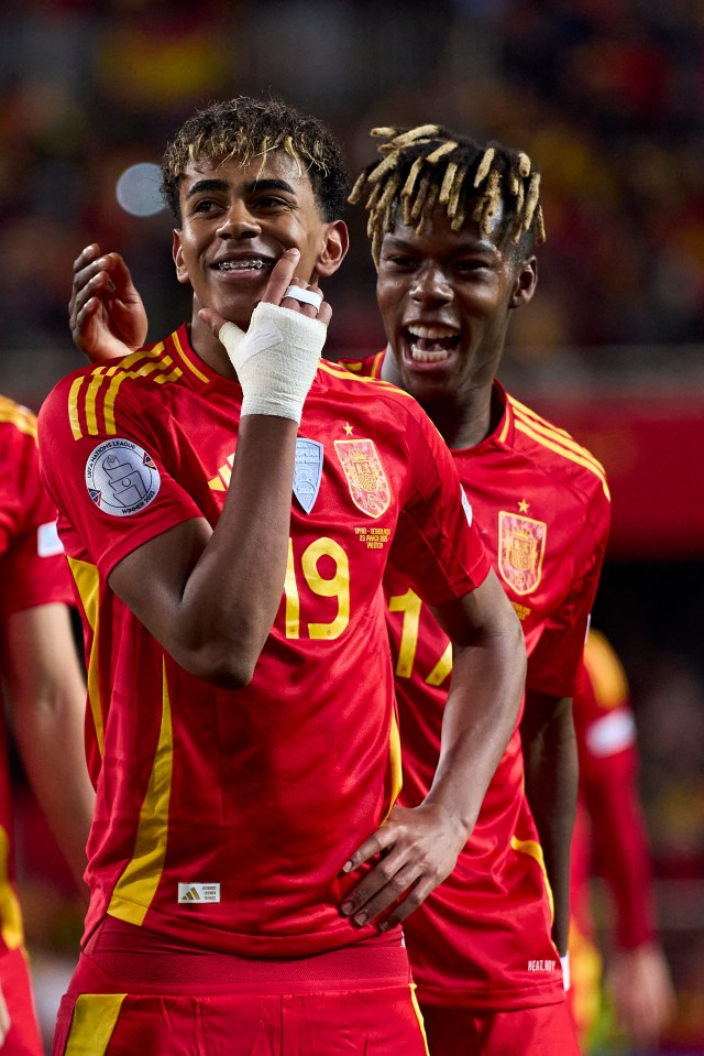 Lamine Yamal of Spain celebrates a goal.