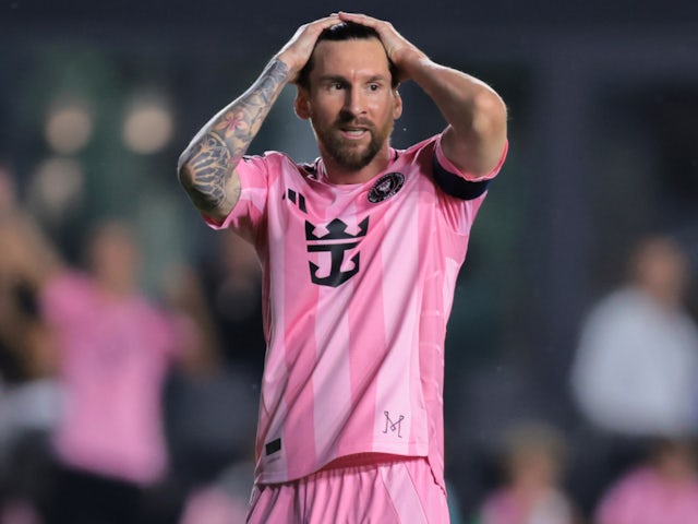 Inter Miami forward Lionel Messi reacts after a missed opportunity on April 30, 2025