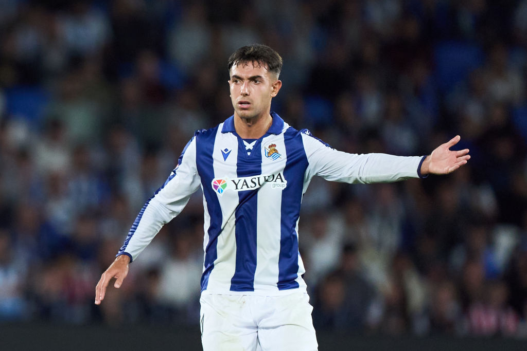 Arsenal target Martin Zubimendi of Real Sociedad reacts during the LaLiga match between Real Sociedad and Atletico de Madrid at Reale Arena on October 06, 2024 in San Sebastian, Spain.