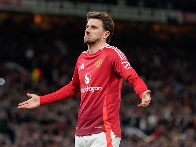 Mason Mount celebrates after scoring for Manchester United on May 8, 2025
