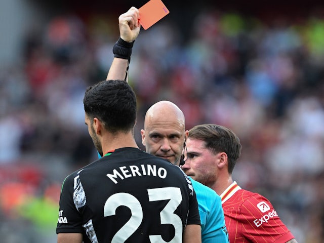 Arsenal's Mikel Merino is sent off on May 11, 2025