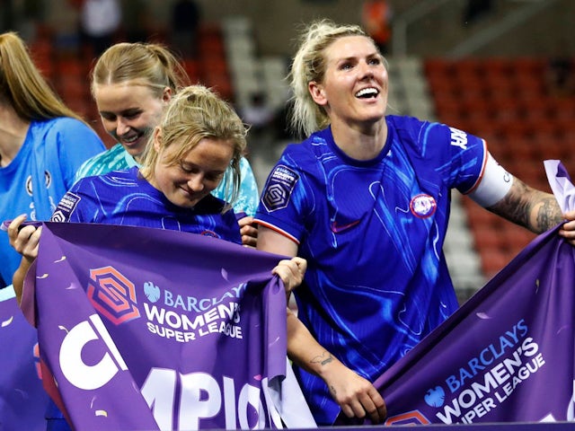 Chelsea Women's Millie Bright celebrates with Erin Cuthbert on April 30, 2025