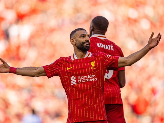 Liverpool's Mohamed Salah celebrates scoring on April 27, 2025