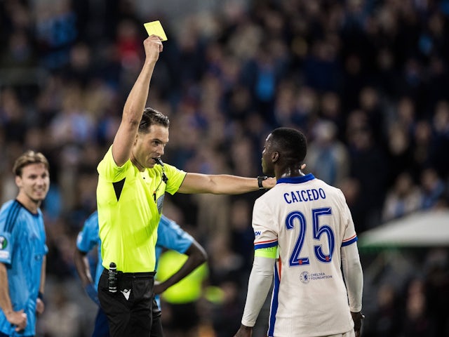 Chelsea's Moises Caicedo gets a yellow card on May 1, 2025