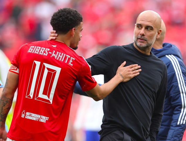 Nottingham Forest's Morgan Gibbs-White and Manchester City manager Pep Guardiola on April 27, 2025.