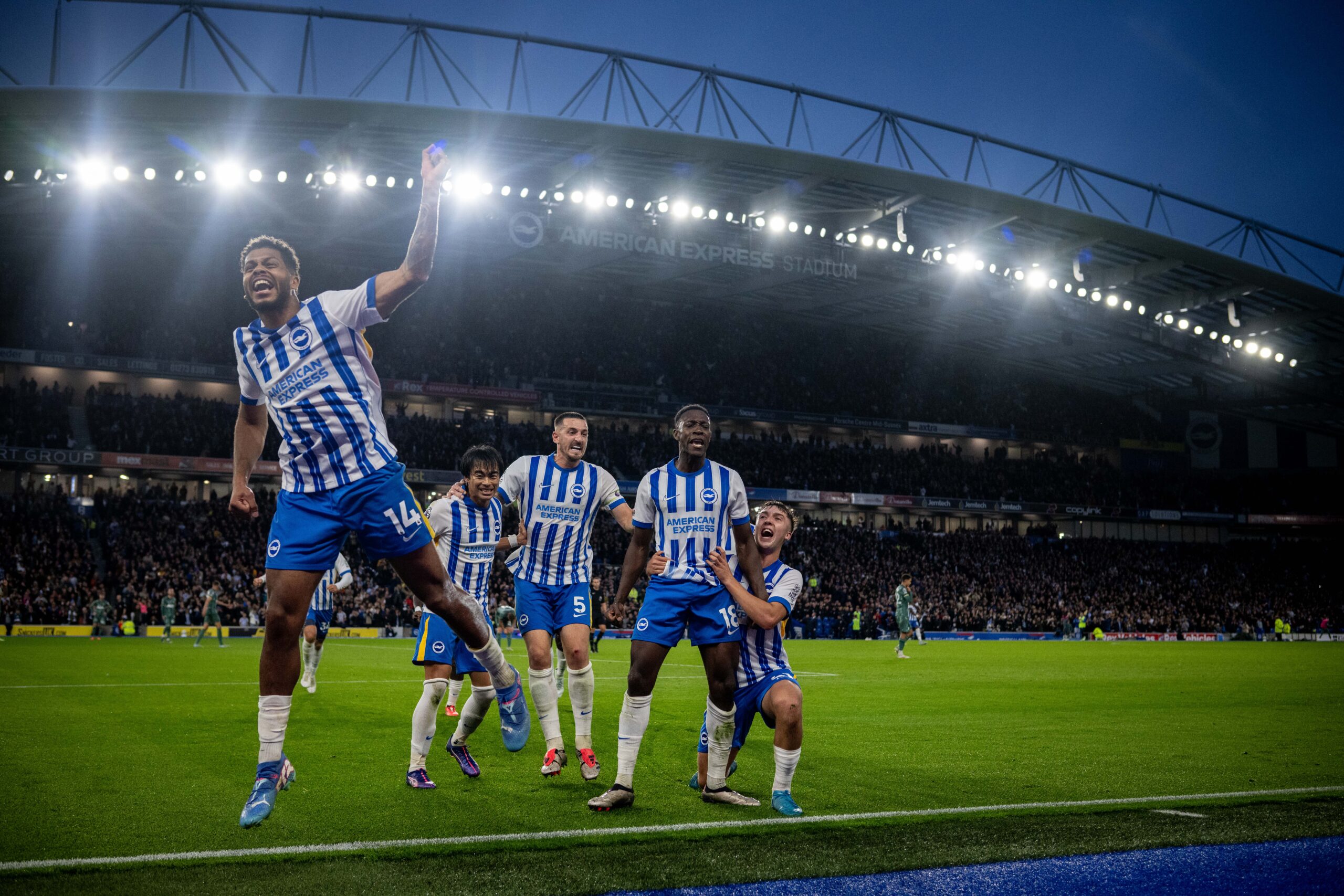 Brighton and Hove Albion celebrate their winning goal against Tottenham