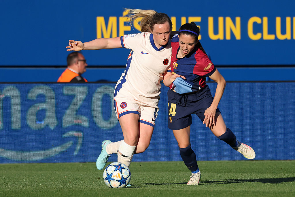 Aitana Bonmati and Erin Cuthbert play during the match between FC Barcelona Femeni and Chelsea FC Women in the first leg of the semifinal of the UEFA Women's Champions League at the Johan Cruyff Stadium in Barcelona, Spain, on April 20, 2025.