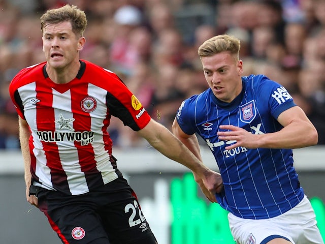 Brentford's Nathan Collins in action with Ipswich Town's Liam Delap on October 26, 2024