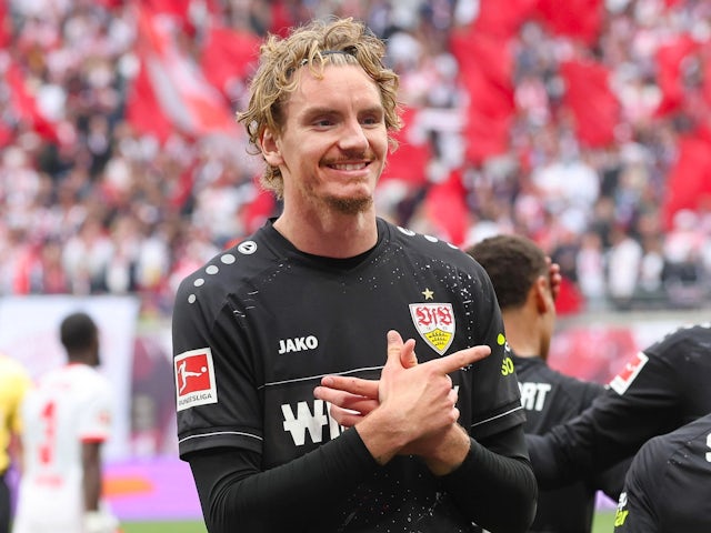 Stuttgarts's Nick Woltemade celebrates on May 17, 2025