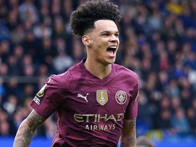 Manchester City's Nico O'Reilly celebrates on April 19, 2025