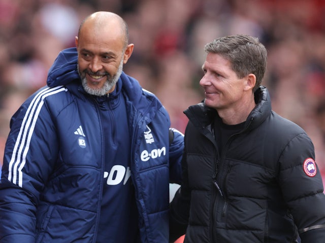 Crystal Palace manager Oliver Glasner and Nottingham Forest manager Nuno Espirito Santo pictured on March 30, 2024