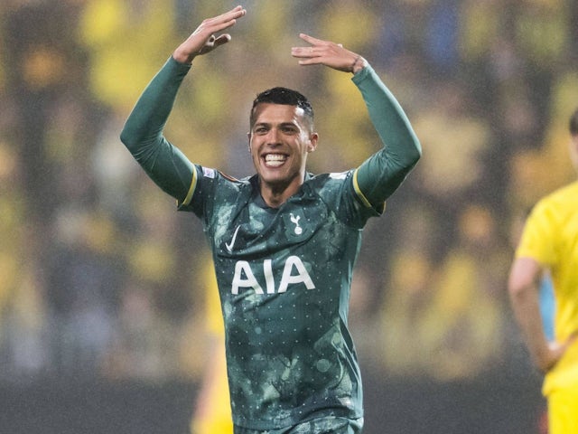 Pedro Porro of Tottenham Hotspur celebrates scoring against Bodo/Glimt, on May 8, 2025