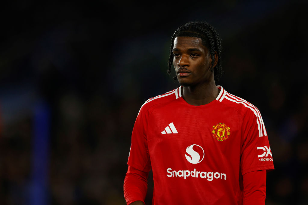 Ayden Heaven of Manchester United looks on during the Premier League match between Leicester City FC and Manchester United FC at The King Power Stadium on March 16, 2025 in Leicester, England.