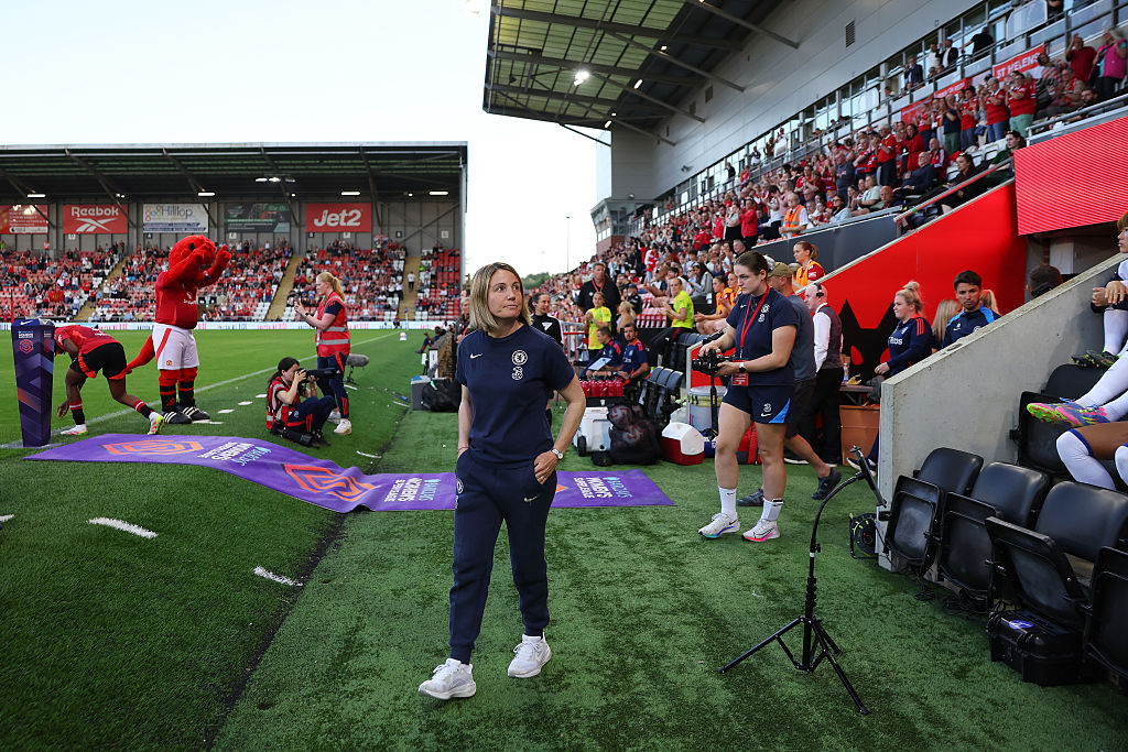 Sonia Bompastor walks out at Leigh Sports Village