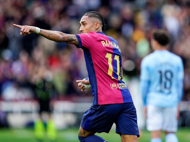 Raphinha of Barcelona celebrates scoring against Celta Vigo, on April 19, 2025