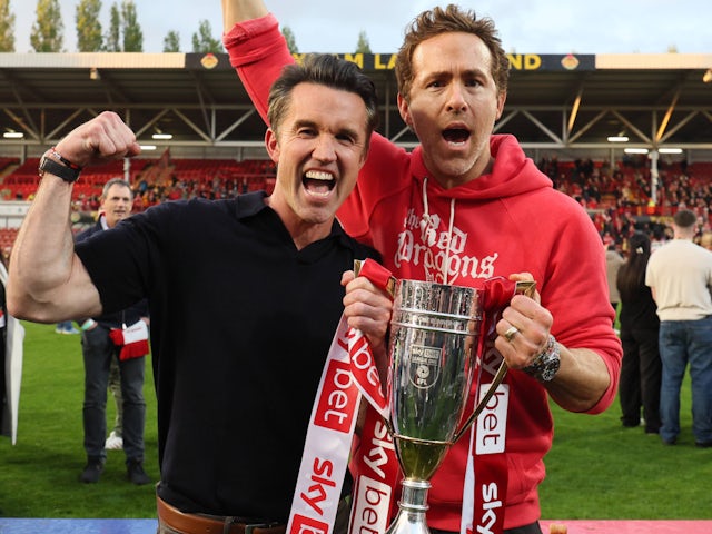 Wrexham owners Ryan Reynolds and Rob McElhenney pictured on April 27, 2025