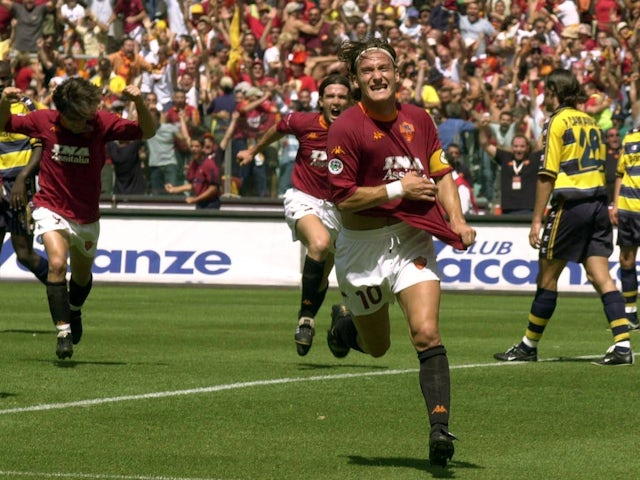 Roma's Francesco Totti celebrates his goal on the final day of the 2000-01 season