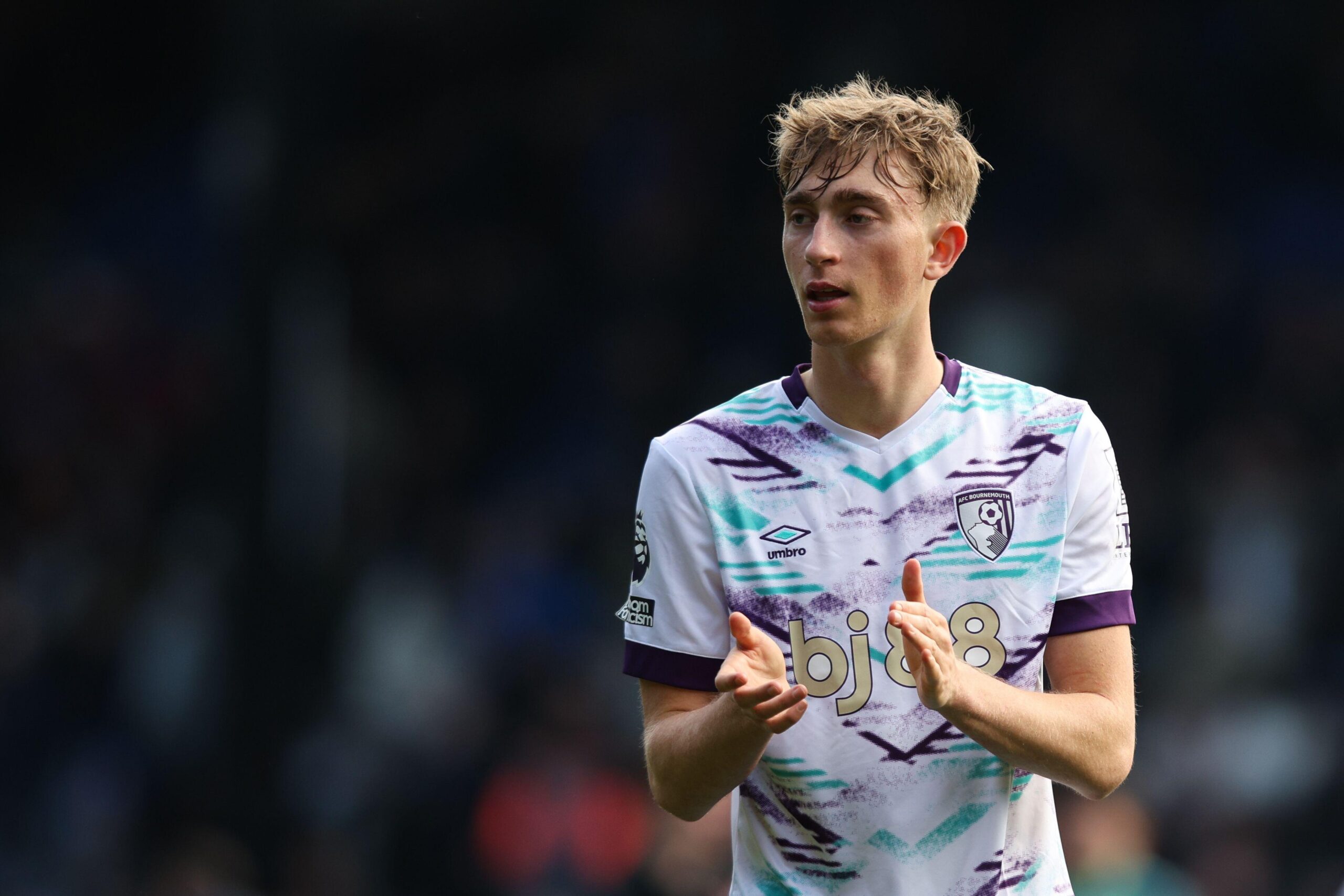 Dean Huijsen of Bournemouth applauds the fans at full-time of the Premier League match against Crystal Palace, April 2025.