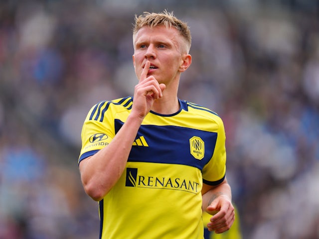 Sam Surridge celebrates scoring for Nashville SC on March 16, 2025