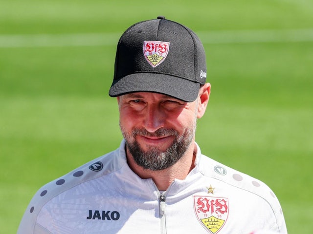 Manager of Stuttgart Sebastian Hoeness leads a training session, on April 29, 2025