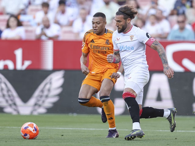Real Madrid's Kylian Mbappe in action against Sevilla on May 18, 2025