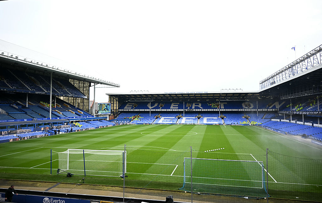 A general view of the pitch at Goodison Park is pictured ahead of the English Premier League football match between Everton and Manchester City, in Liverpool, north west England on April 19, 2025.
