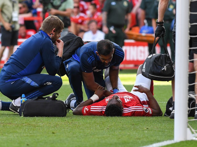 Nottingham Forest forward Taiwo Awoniyi receiving treatment on May 11, 2025.