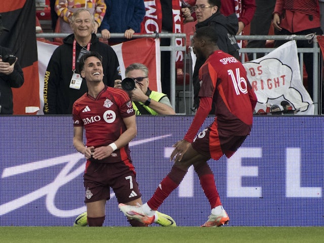 Toronto striker Theo Corbeanu celebrates a goal on April 30, 2025