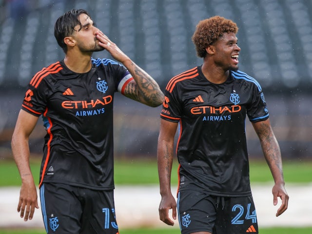 Thiago Martins and Tayvon Gray celebrate a goal for New York City FC on May 4, 2025