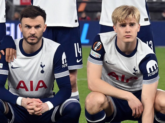 Tottenham Hotspur's Lucas Bergvall and James Maddison pictured on March 9, 2025