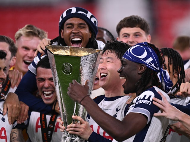 Tottenham Hotspur celebrate winning the Europa League final on May 21, 2025