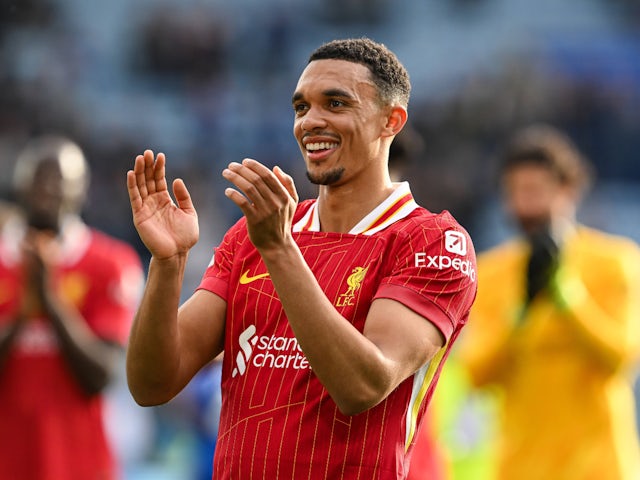 Trent Alexander-Arnold of Liverpool applauds the fans on April 20, 2025
