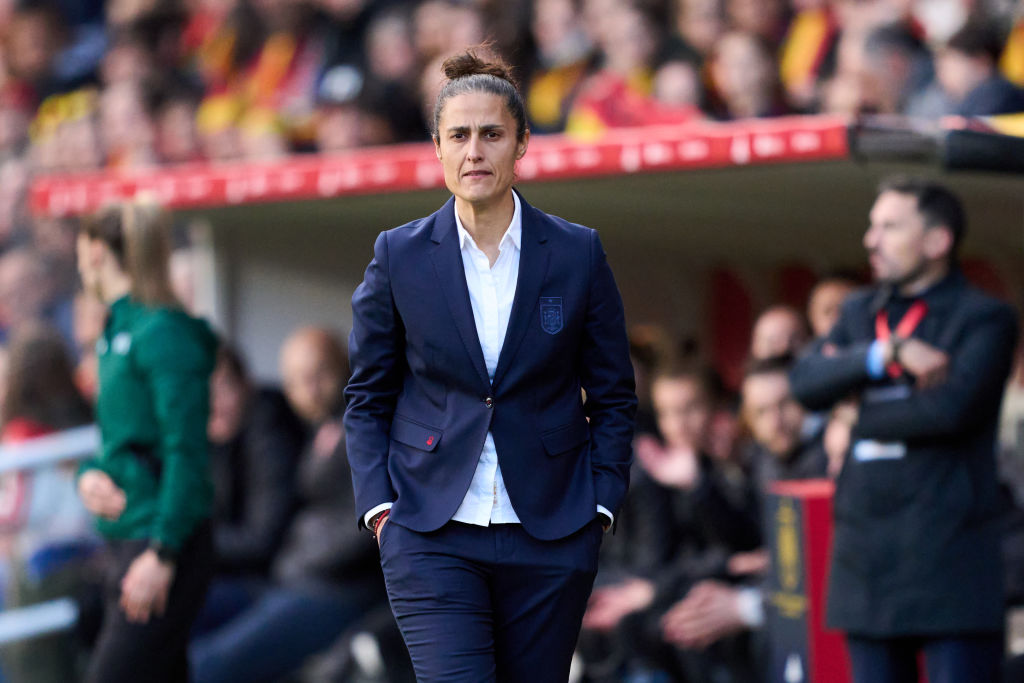 Spain women Olympics 2024 squad Montserrat Tome, Head Coach of Spain, looks on during the UEFA Women's EURO Qualifier match between Spain and Czech Republic at Estadio Municipal El Plantio on April 09, 2024 in Burgos, Spain. (Photo by Juan Manuel Serrano Arce/Getty Images)