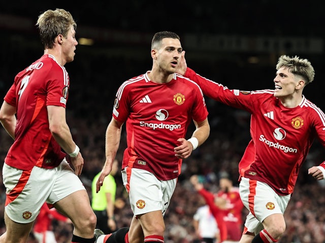 Manchester United's Diogo Dalot celebrates scoring against Lyon on April 17, 2025