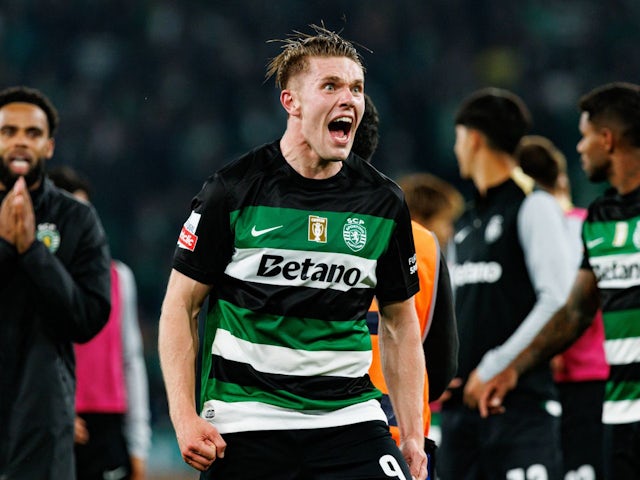 Sporting Lisbon's Viktor Gyokeres celebrates on May 4, 2025