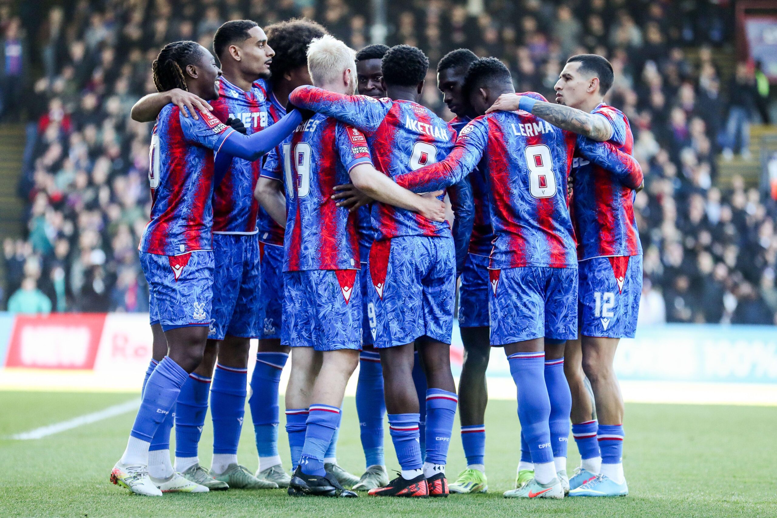 Crystal Palace players celebrate after their first goal in the FA Cup fifth round match against Millwall at Selhurst Park in London, England on 1 March, 2025