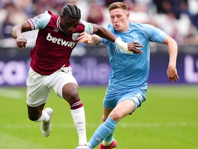 West Ham United's Mohammed Kudus and Nottingham Forest's Elliot Anderson on May 18, 2025