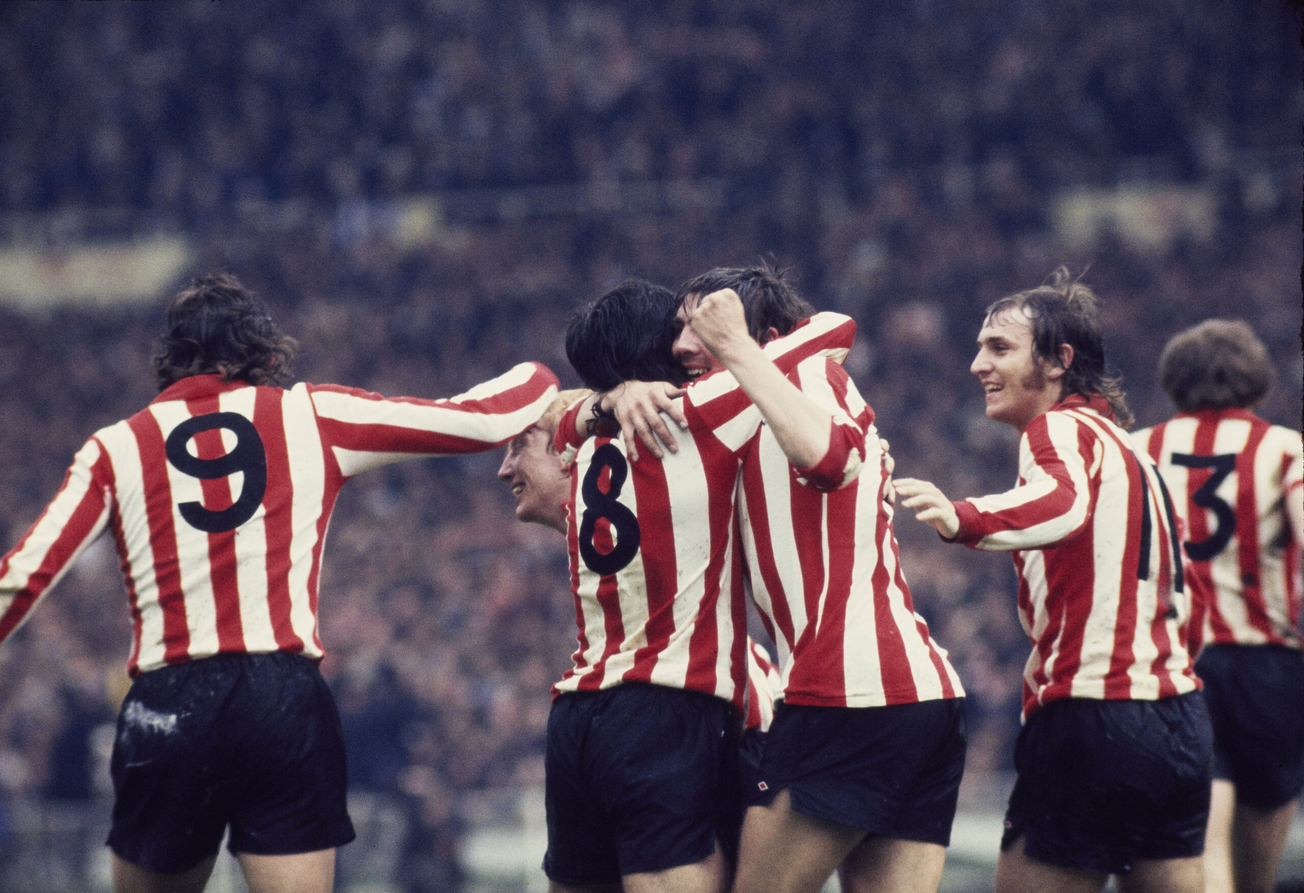 Ian Porterfield is congratulated by team-mates after scoring the winning goal for Sunderland against Leeds United in the FA Cup final in May 1973.